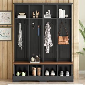 Farmhouse Hall Tree with 8 Hooks, Practical Entryway Bench with Open Compartments, 76.7"H Modern 3-in-1 Wooden Style Coat and Shoe Rack for Mudro (Color: black)