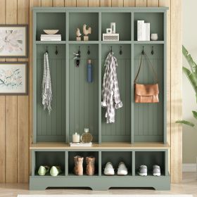 Farmhouse Hall Tree with 8 Hooks, Practical Entryway Bench with Open Compartments, 76.7"H Modern 3-in-1 Wooden Style Coat and Shoe Rack for Mudro (Color: Mint Green)